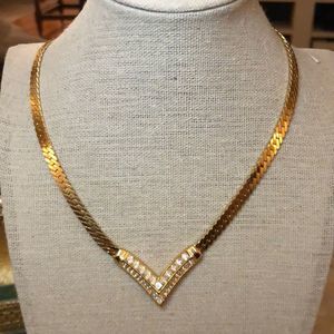 Gorgeous Vintage Christian Dior Gold Plated Crystal Chevron Herringbone Necklace